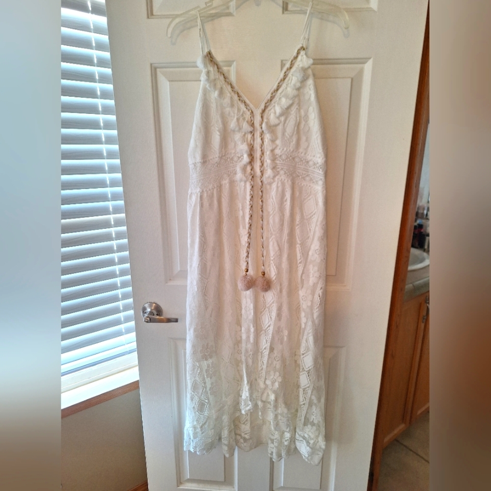 White Lace Maxi Dress with Pom Tie